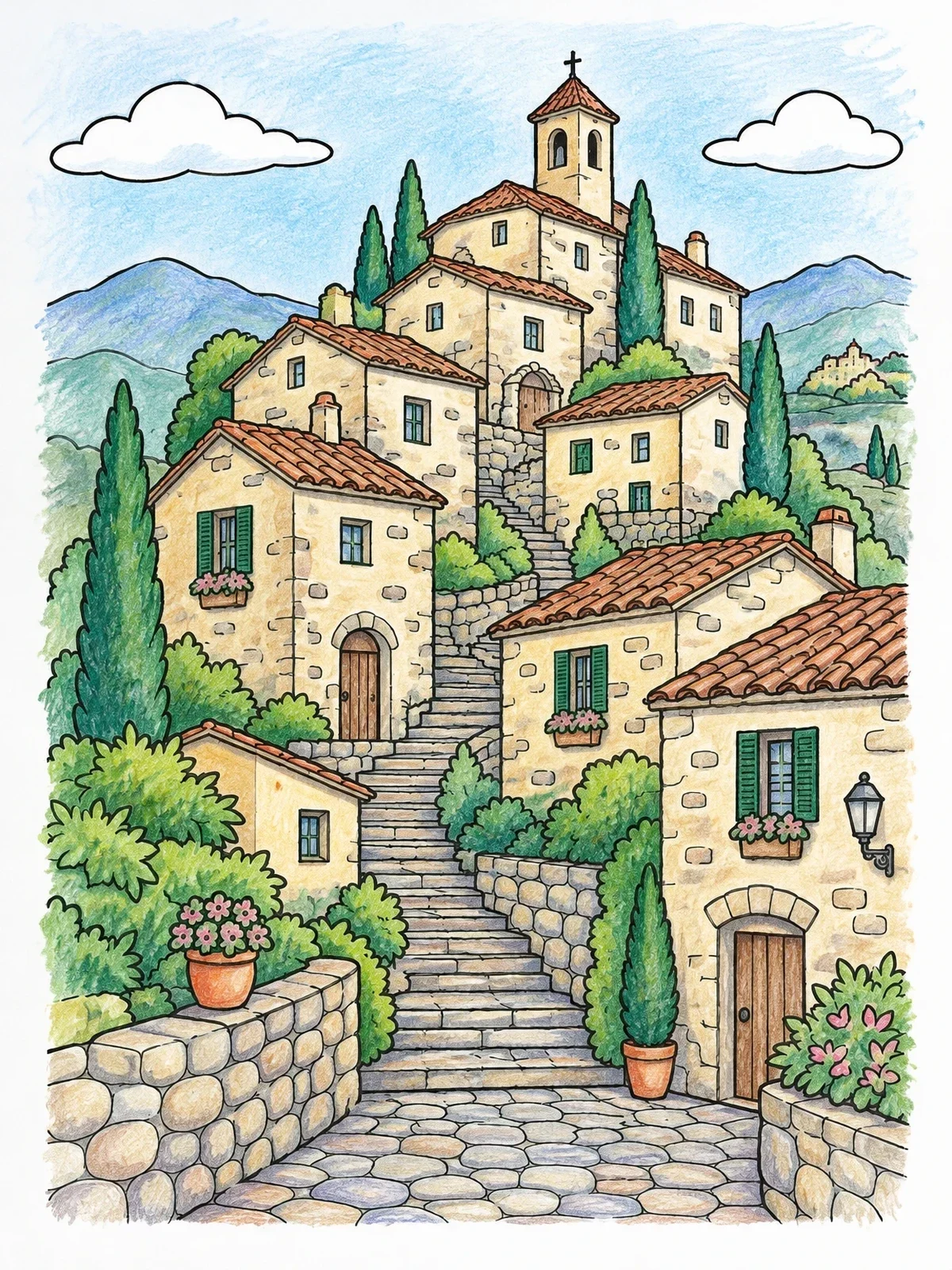 Colored example of the Mediterranean Hillside Village With Stone Stairs coloring page