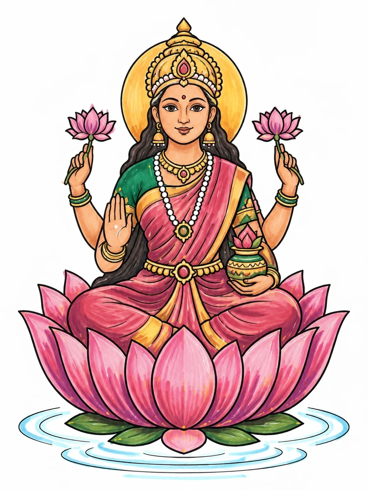 Colored example of the Hindu Goddess Lakshmi On Lotus Flower coloring page