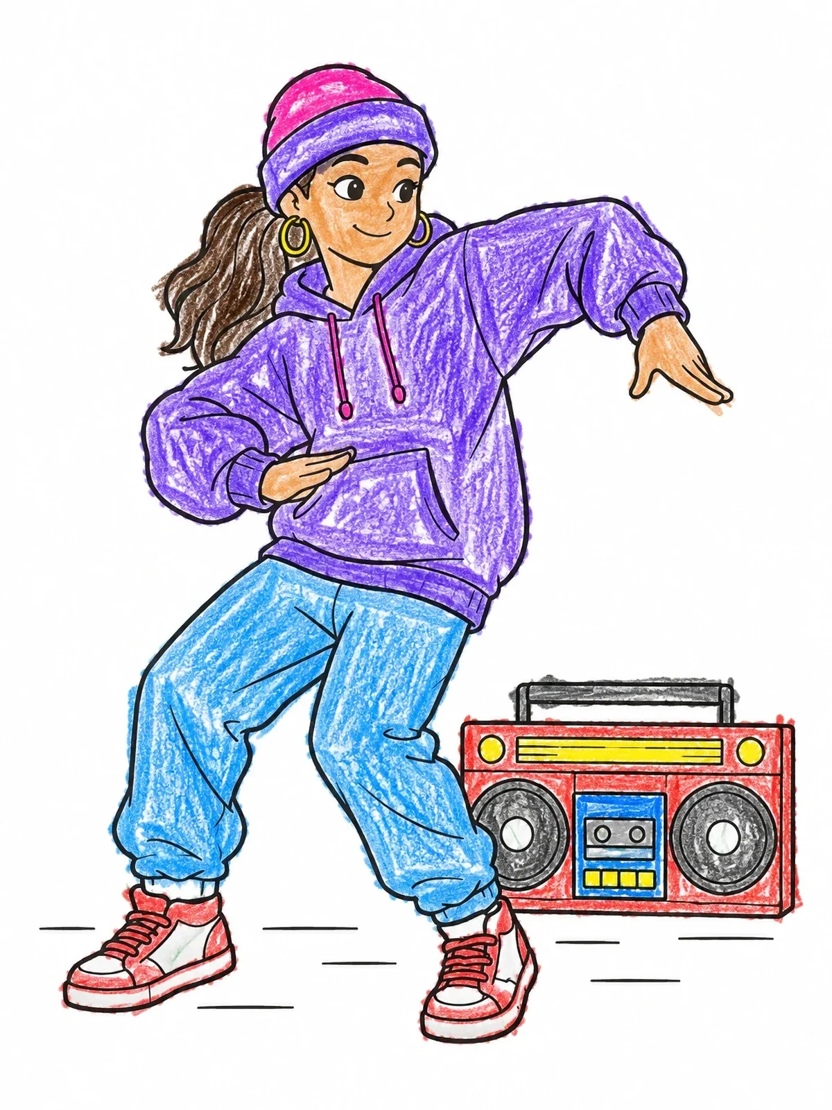 Colored example of the Hip Hop Dancer With Retro Boombox coloring page
