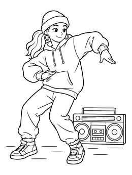 A girl popping and locking beside a boombox in this dance coloring page.