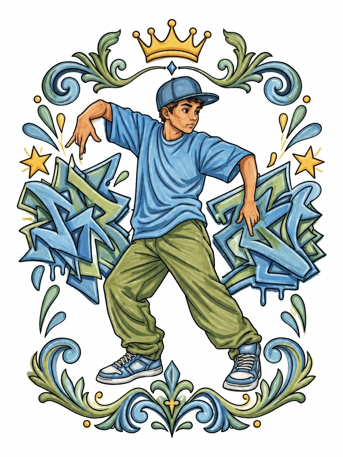 Colored example of the Hip Hop Breakdancer With Graffiti coloring page