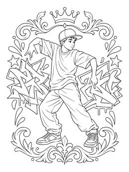 A graffiti hip hop coloring page with a young breakdancer framed by urban art and a crown.