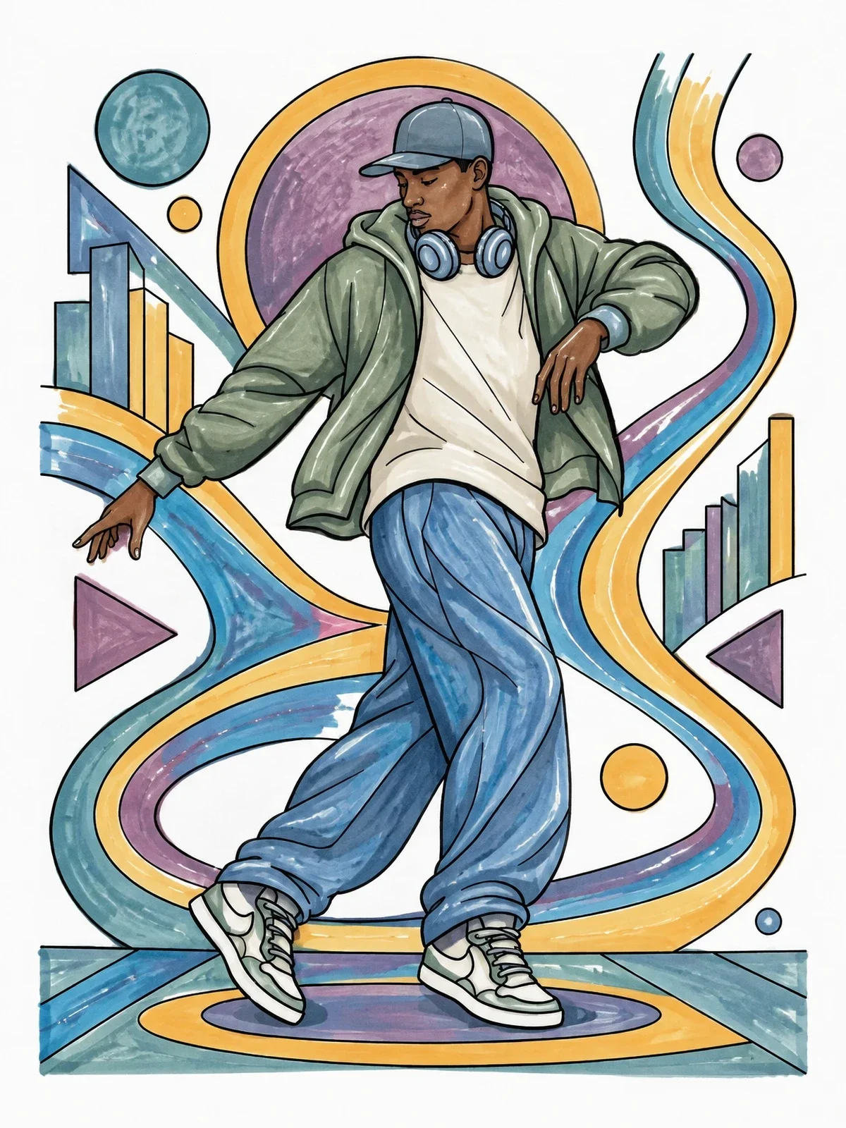 Colored example of the Hip Hop Dancer In Motion coloring page
