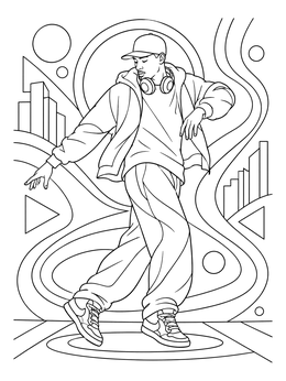 Hip-hop performer moves smoothly on this dynamic dance coloring page.