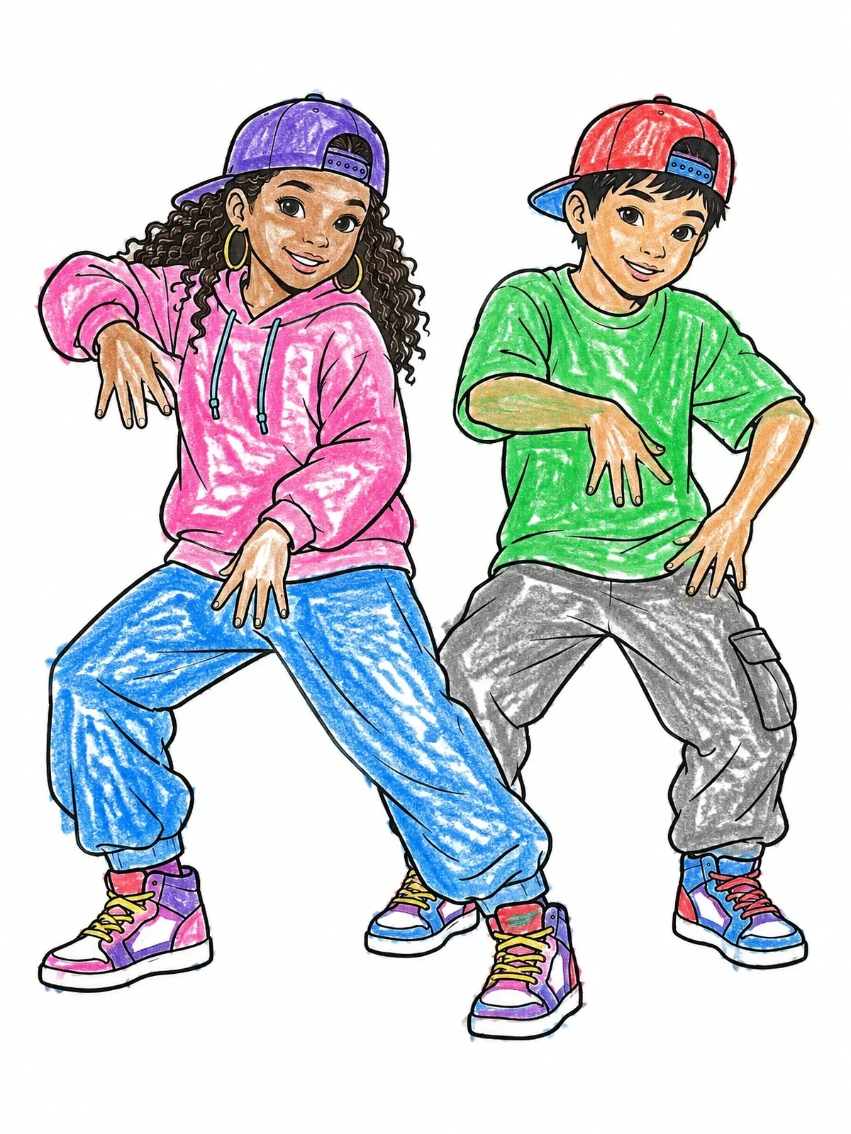 Colored example of the Hip Hop Dancers In Streetwear coloring page