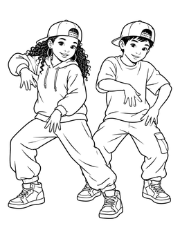 Two young dancers perform urban hip-hop moves on this dance coloring page.