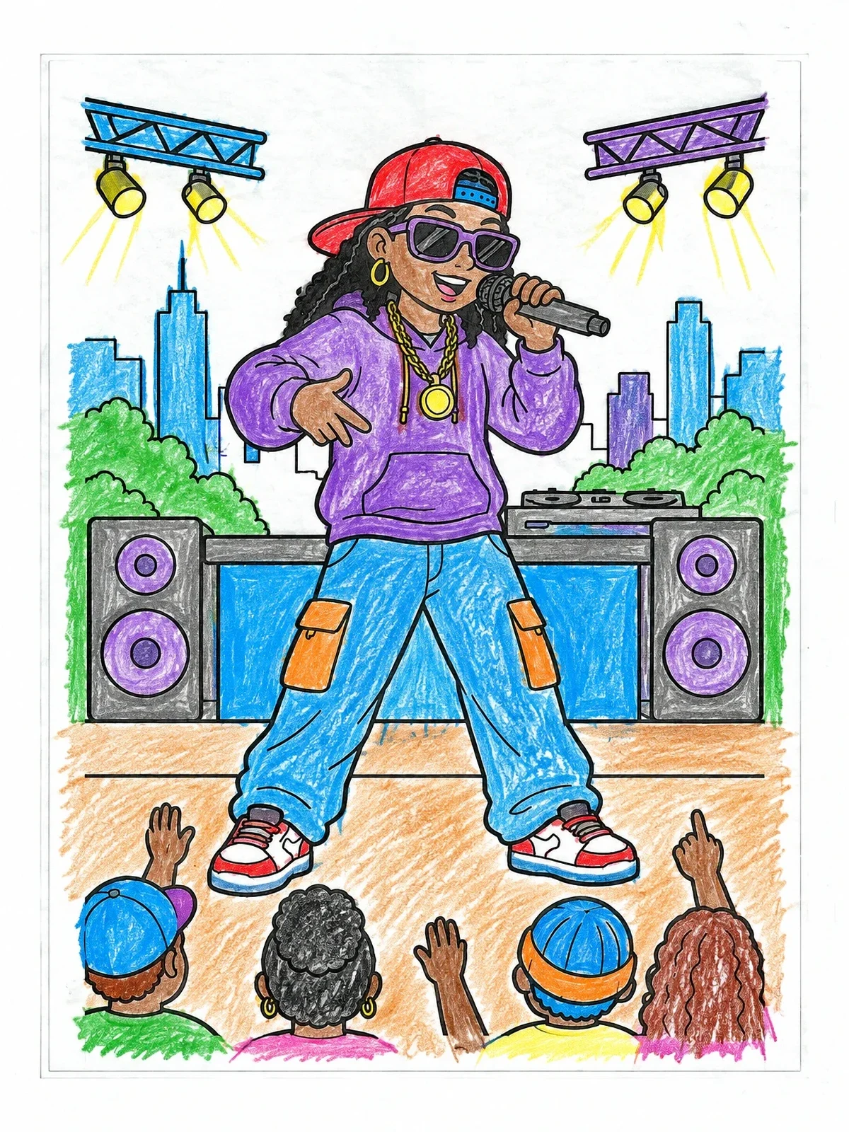 Colored example of the Hip Hop Singer On Stage coloring page