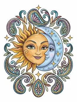 Sun Printing Examples Celestial Sun And Moon With Paisley – Hippie Coloring Page