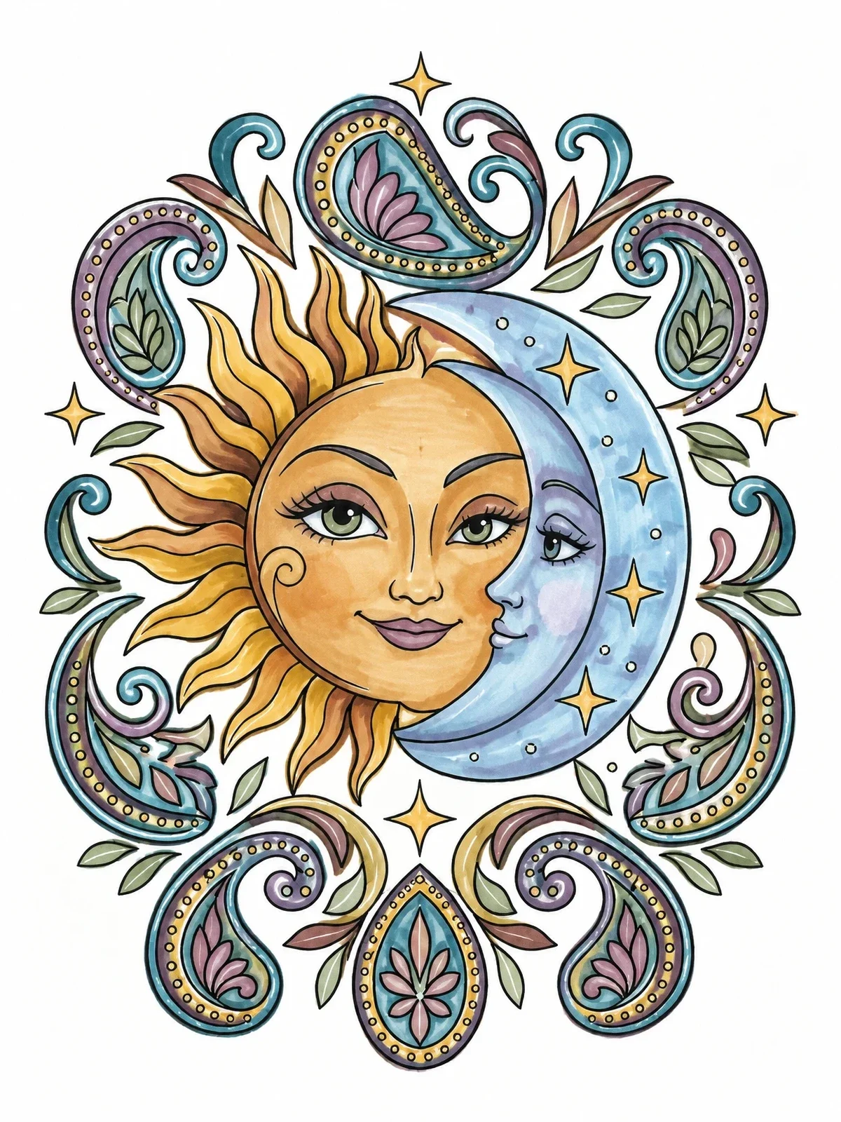 Colored example of the Celestial Sun And Moon With Paisley coloring page