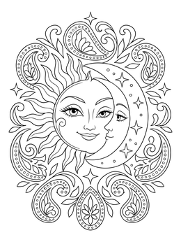 Celestial sun and crescent moon faces inside paisley patterns on this hippie coloring page.