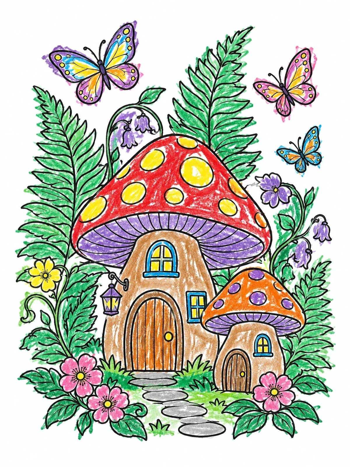 Colored example of the Cozy Mushroom Houses In The Garden coloring page