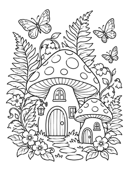 Two fairy mushroom houses surrounded by ferns on this hippie coloring page.