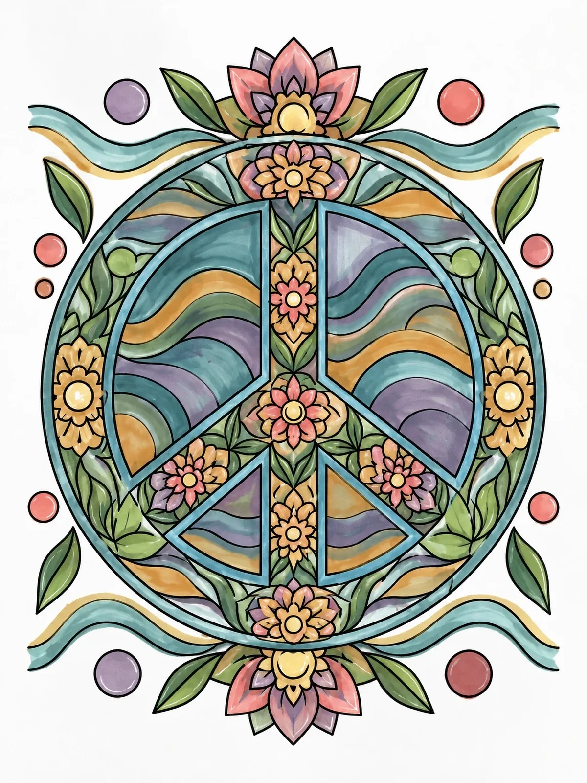 Colored example of the Floral Peace Sign Mandala coloring page