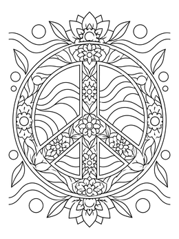 Intricate floral peace sign on a retro hippie coloring page.