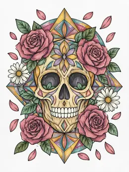 Patterned Pigmentation Hippie Floral Skull Pattern Coloring Page