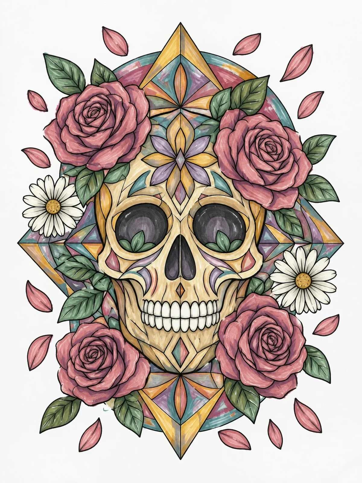 Colored example of the Hippie Floral Skull Pattern coloring page