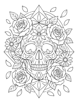 Detailed skull surrounded by roses and daisies on a hippie coloring page.