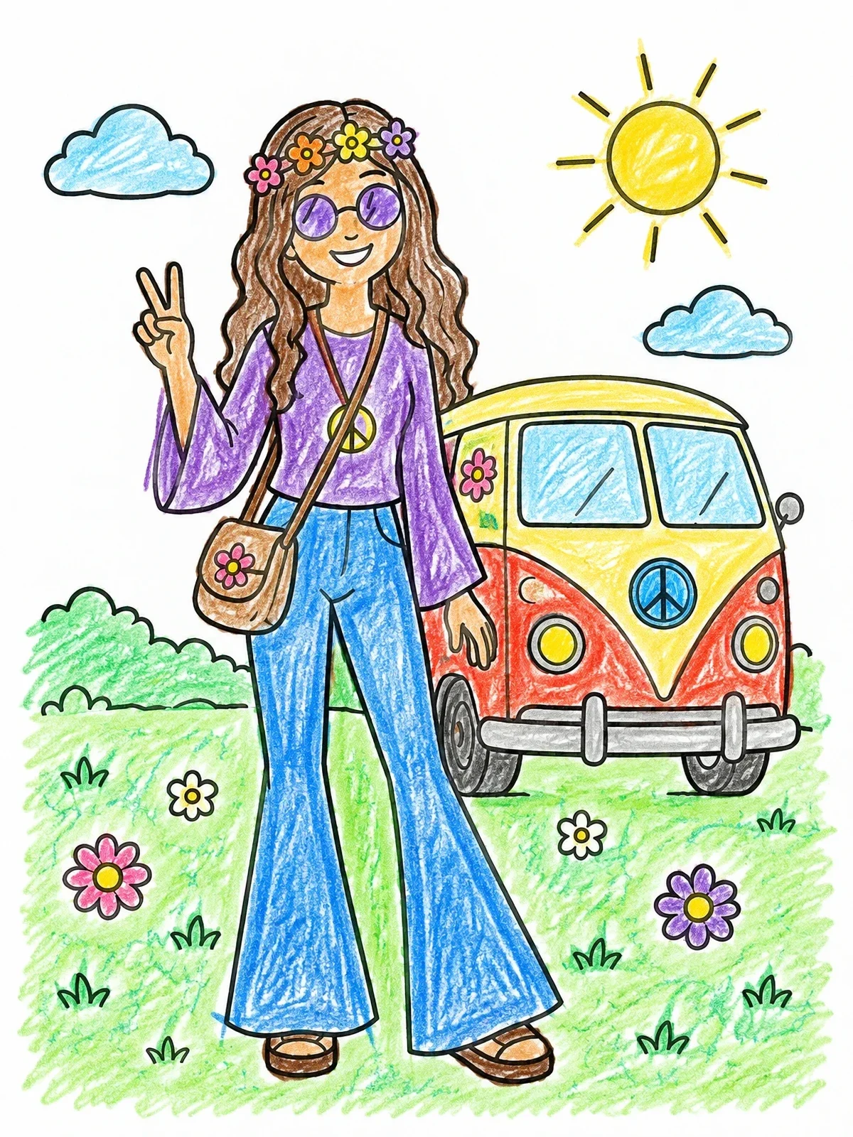 Colored example of the Hippie Girl With Vintage Camper Van coloring page