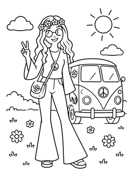 Free printable Hippie Girl With Vintage Camper Van coloring page