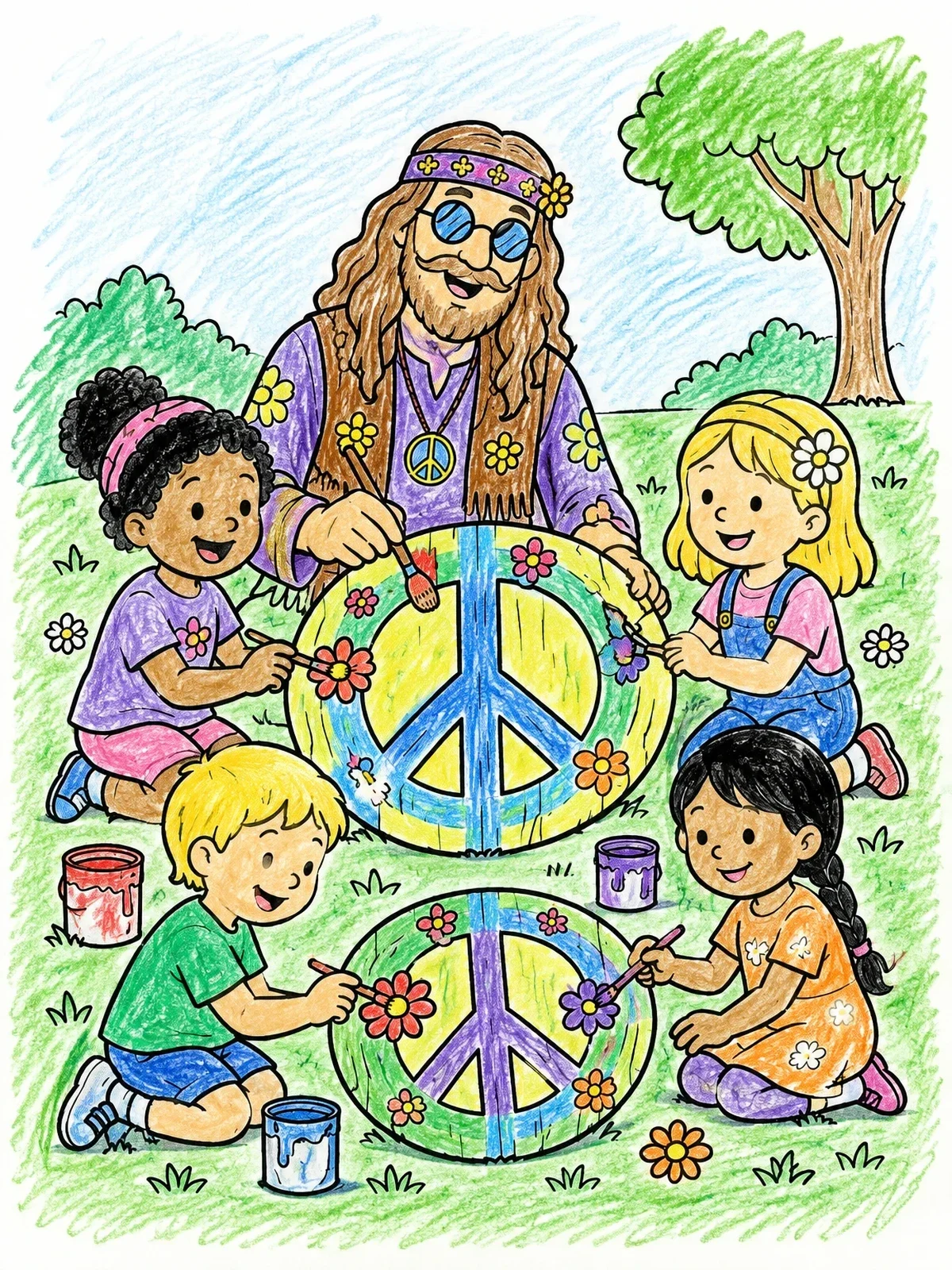 Colored example of the Painting Peace Signs In The Park coloring page