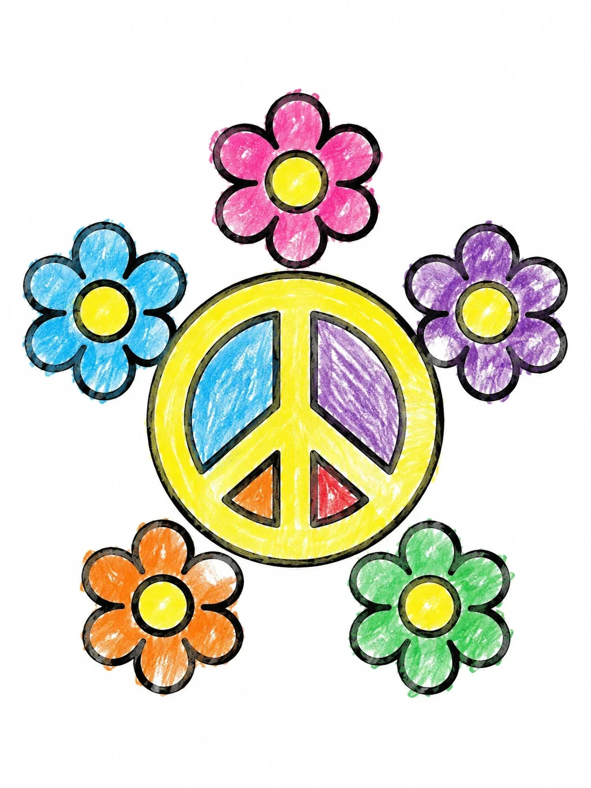 Colored example of the Peace Sign With Daisy Flowers coloring page
