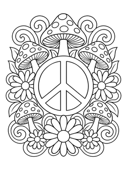 Free printable Peace Sign With Mushrooms And Daisies coloring page