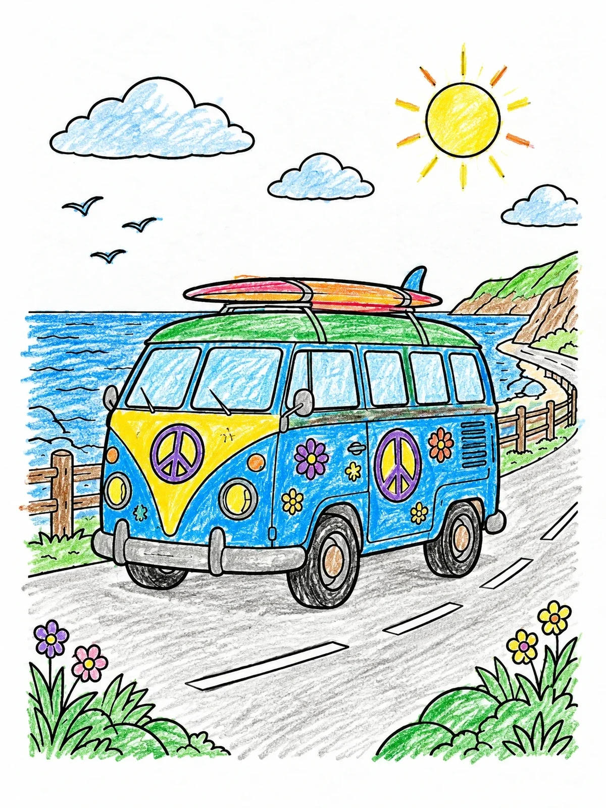 Colored example of the Retro Camper Van By The Coast coloring page