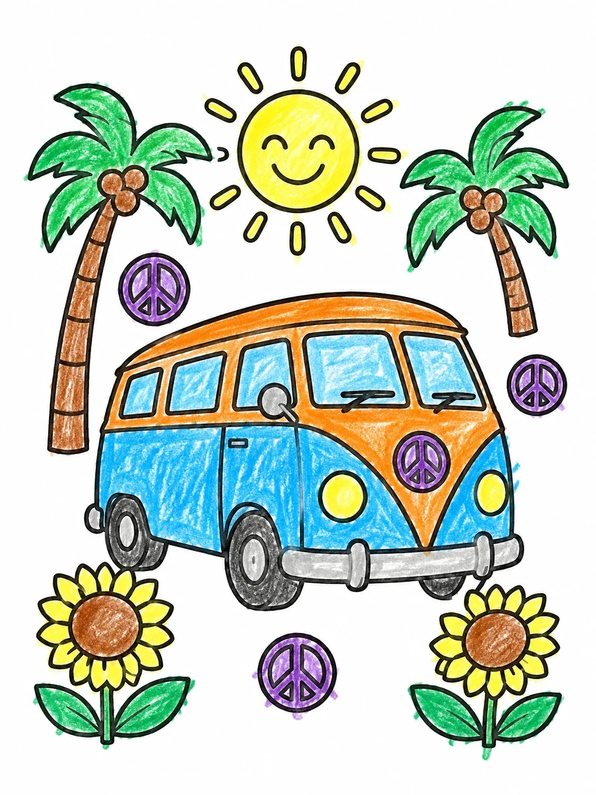 Colored example of the Retro Camper Van And Sunflowers coloring page