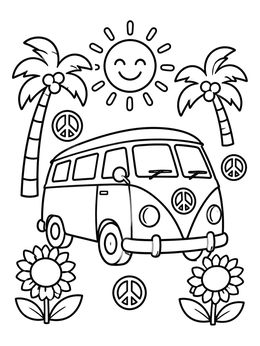 Free printable Retro Camper Van And Sunflowers coloring page