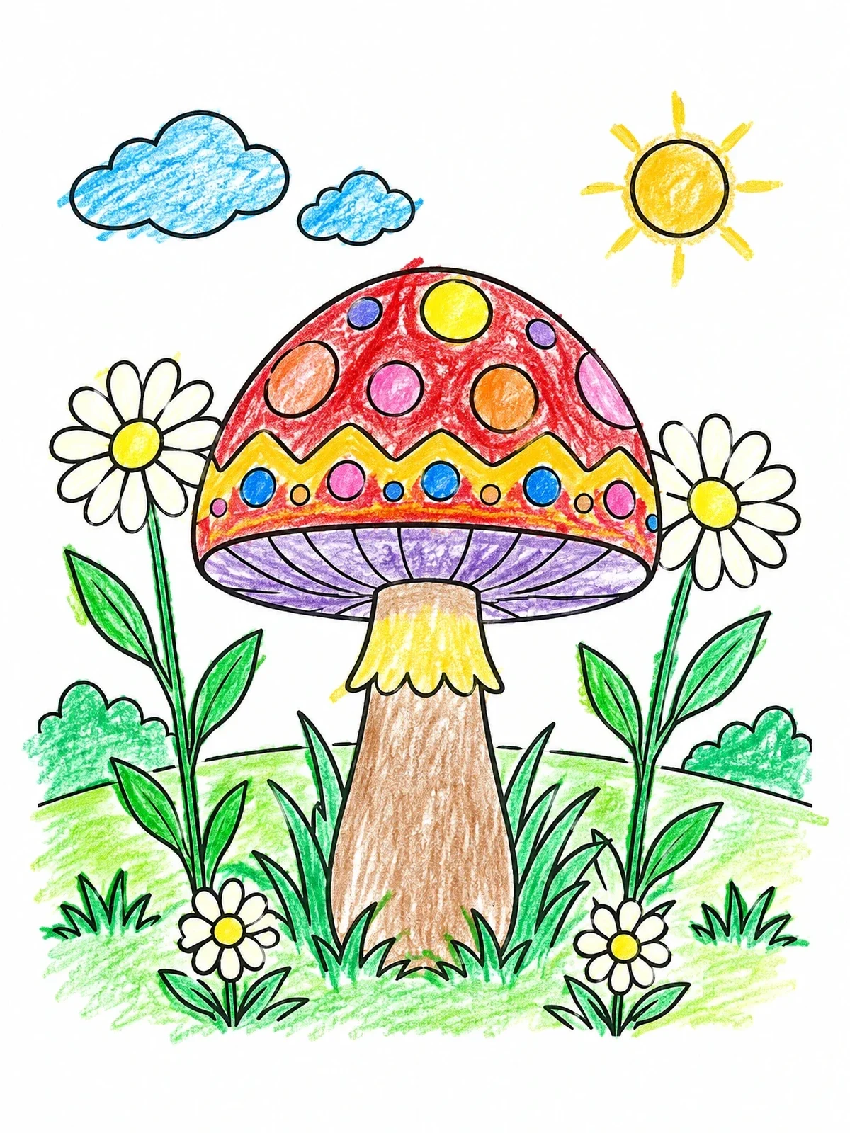 Colored example of the Retro Mushroom And Daisy Meadow coloring page