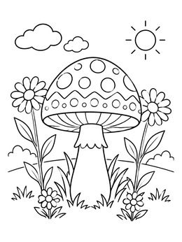 Free printable Retro Mushroom And Daisy Meadow coloring page