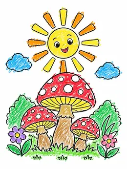 Sun Printing Examples Smiling Sun And Spotted Mushrooms – Hippie Coloring Page