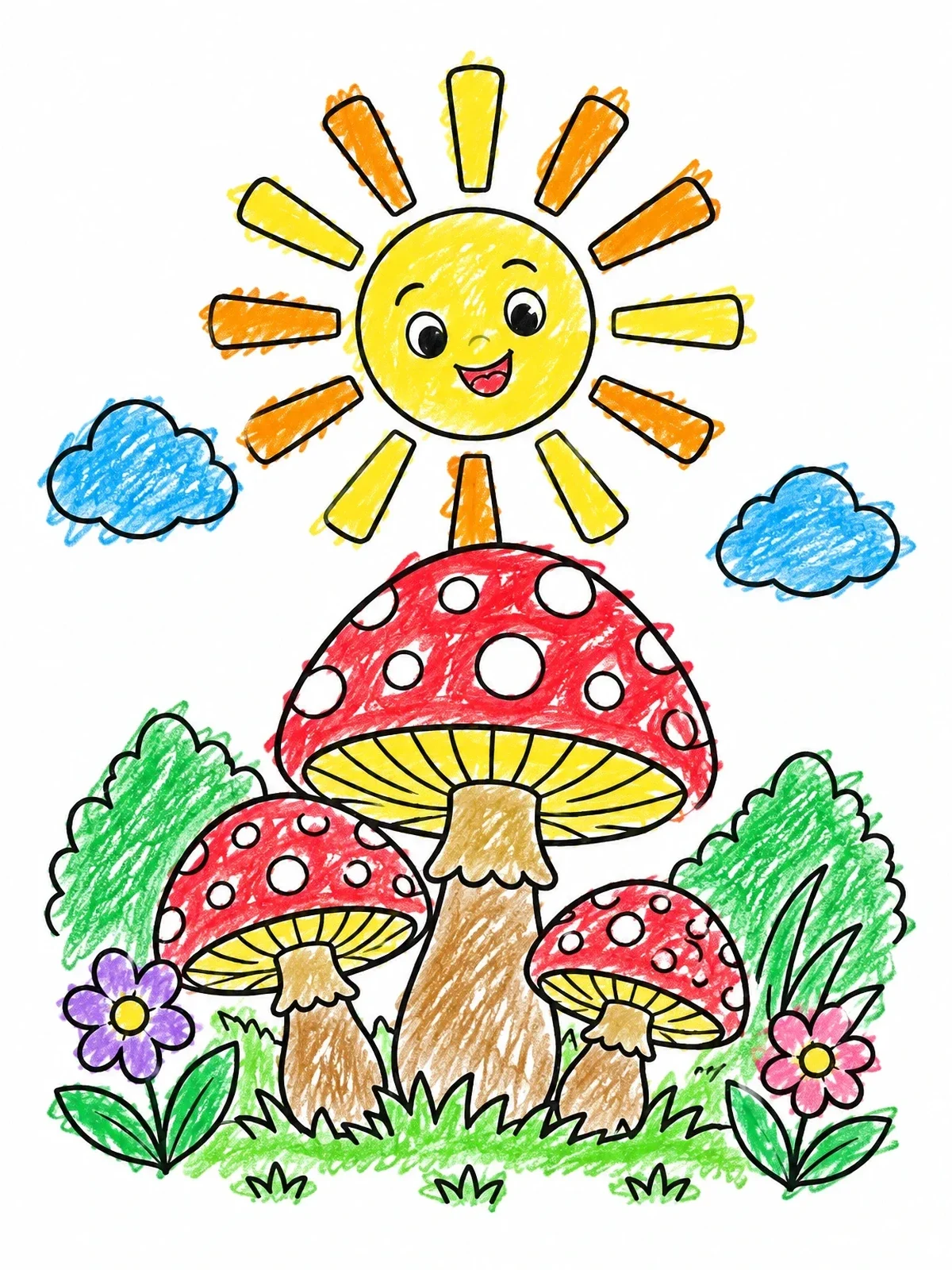 Colored example of the Smiling Sun And Spotted Mushrooms coloring page