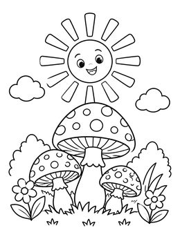 Free printable Smiling Sun And Spotted Mushrooms coloring page