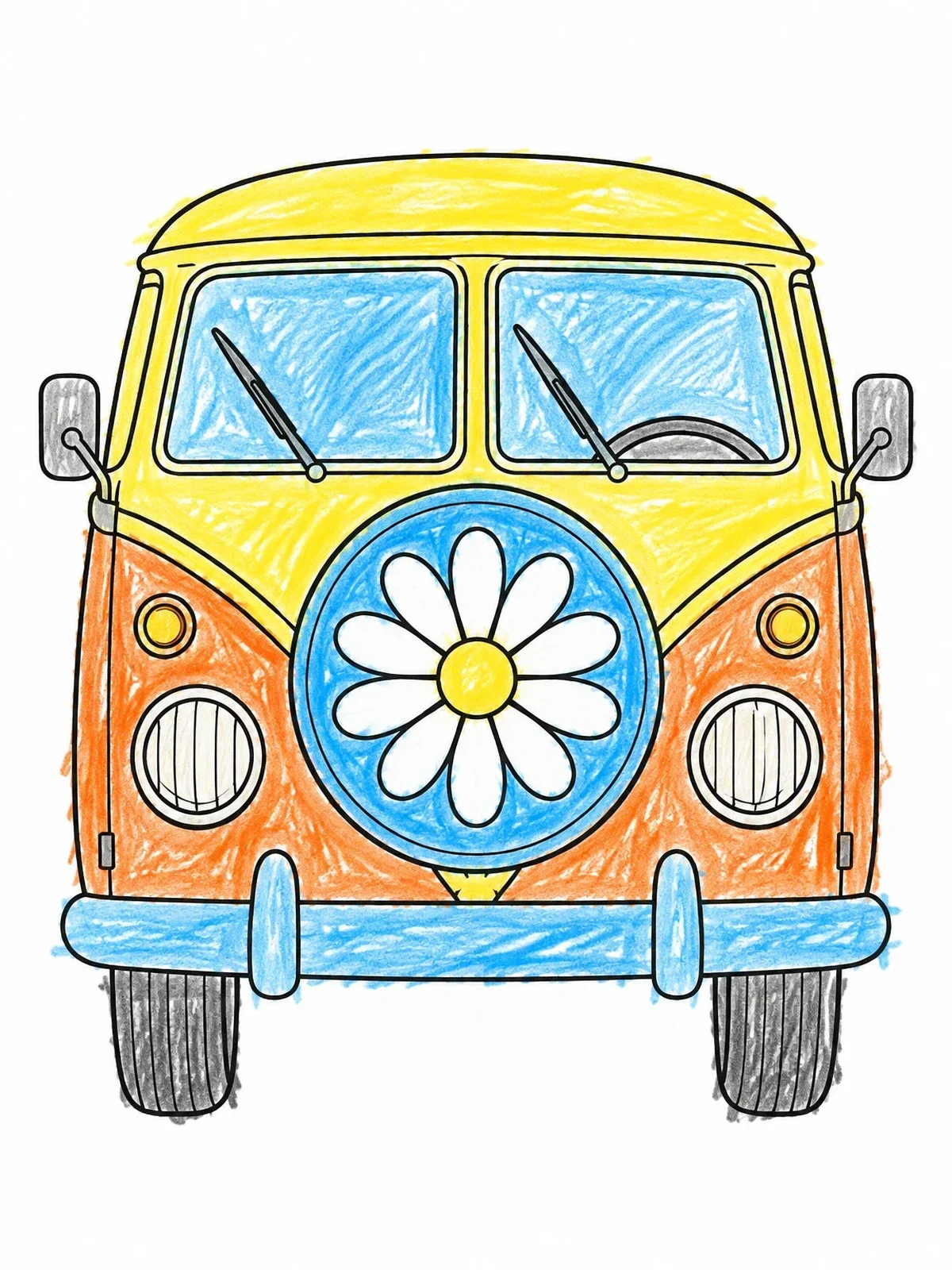 Colored example of the Vintage Camper Van With Daisy Tire coloring page