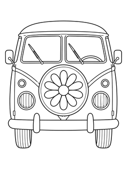 Front view of a retro camper bus with a flower wheel on this hippie coloring page.