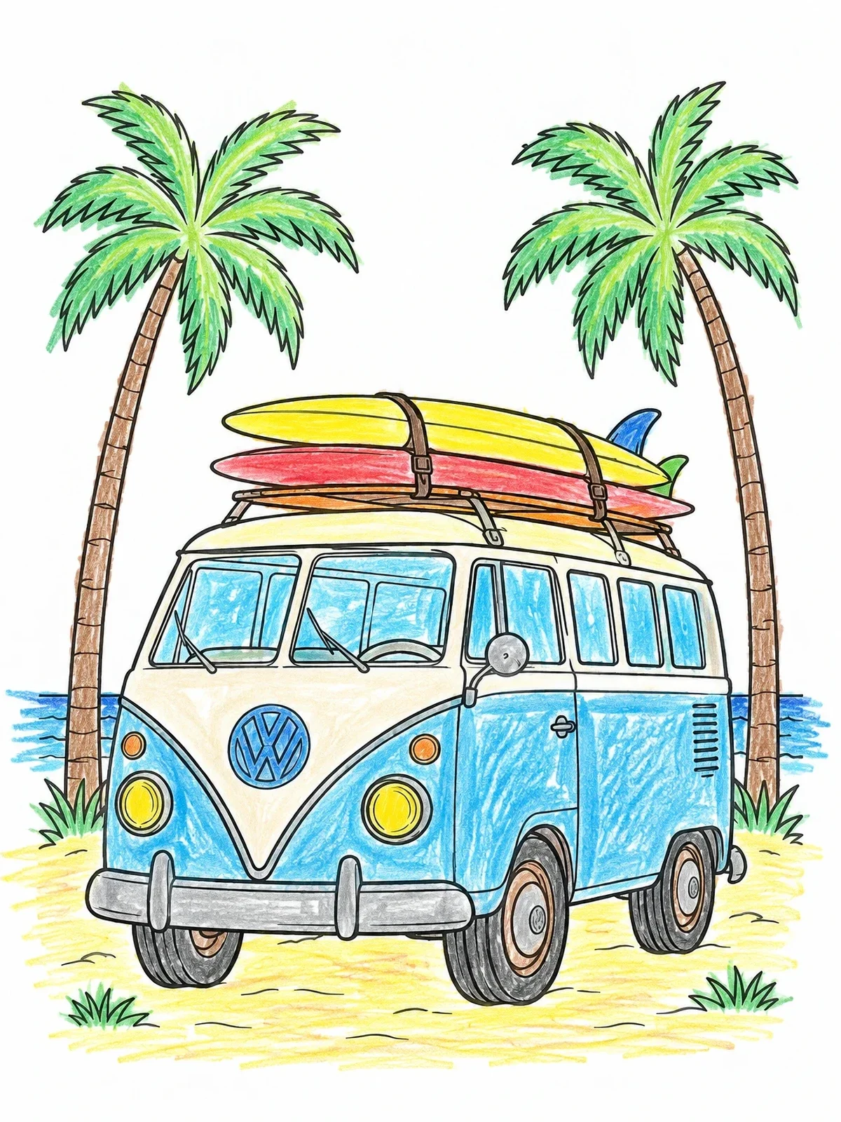 Colored example of the Vintage Surf Van Under Palms coloring page