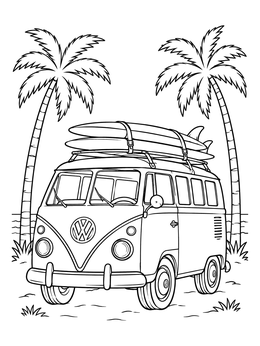 A vintage surf van on the beach is featured in this hippie coloring page.