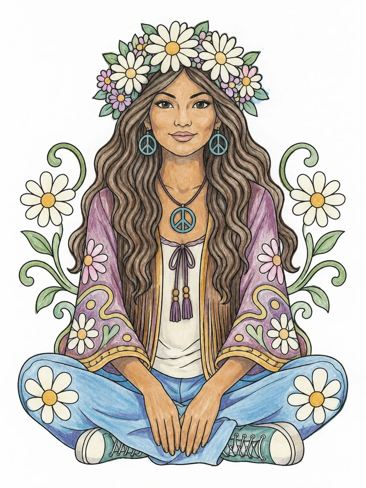 Colored example of the Hippie Woman With Flower Crown coloring page