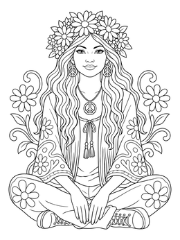 A flower power coloring page featuring a sitting hippie woman wearing a floral crown and peace jewelry.