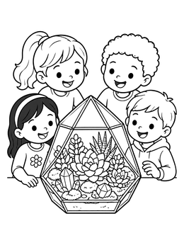 Free printable Children Admiring A Succulent Terrarium coloring page