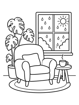 Free printable Cozy Armchair By The Rainy Window coloring page