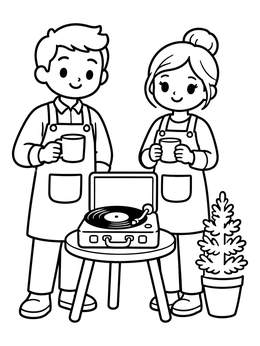 Free printable Cozy Baristas With Vintage Record Player coloring page