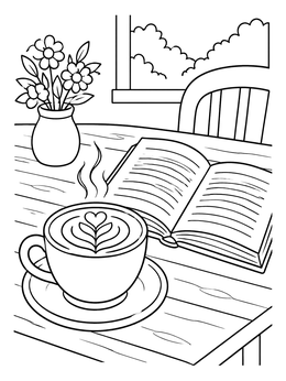 Free printable Cozy Latte And Book By The Window coloring page