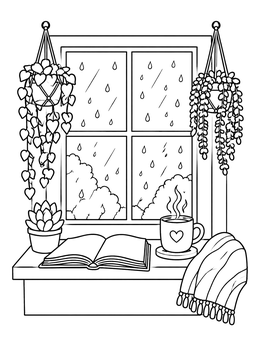 Free printable Cozy Rainy Day Windowsill coloring page