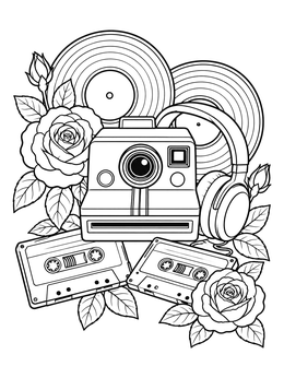Free printable Retro Camera And Cassette Tapes coloring page