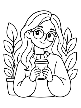 Free printable Trendy Girl With Coffee And Houseplants coloring page