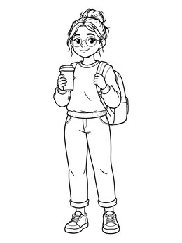 Free printable Trendy Girl With Coffee And Glasses coloring page