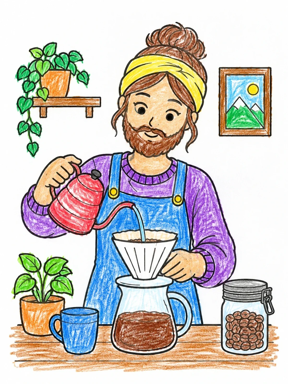 Colored example of the Barista Brewing Pour Over Coffee coloring page