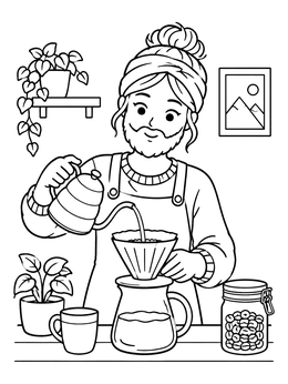 Free printable Barista Brewing Pour Over Coffee coloring page